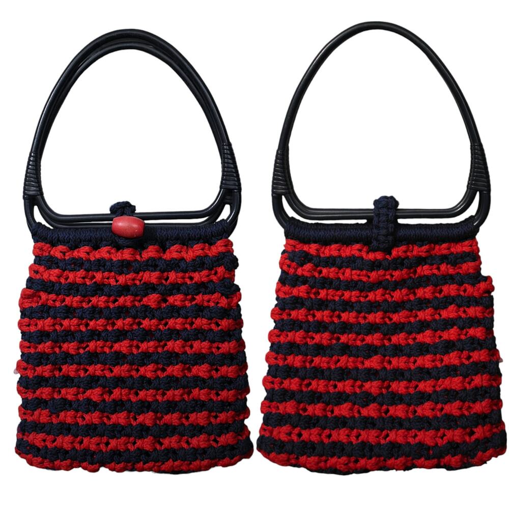 Vintage 60s Navy Blue Red Hippie Macrame Crochet Double Bangle Handle Tote Purse